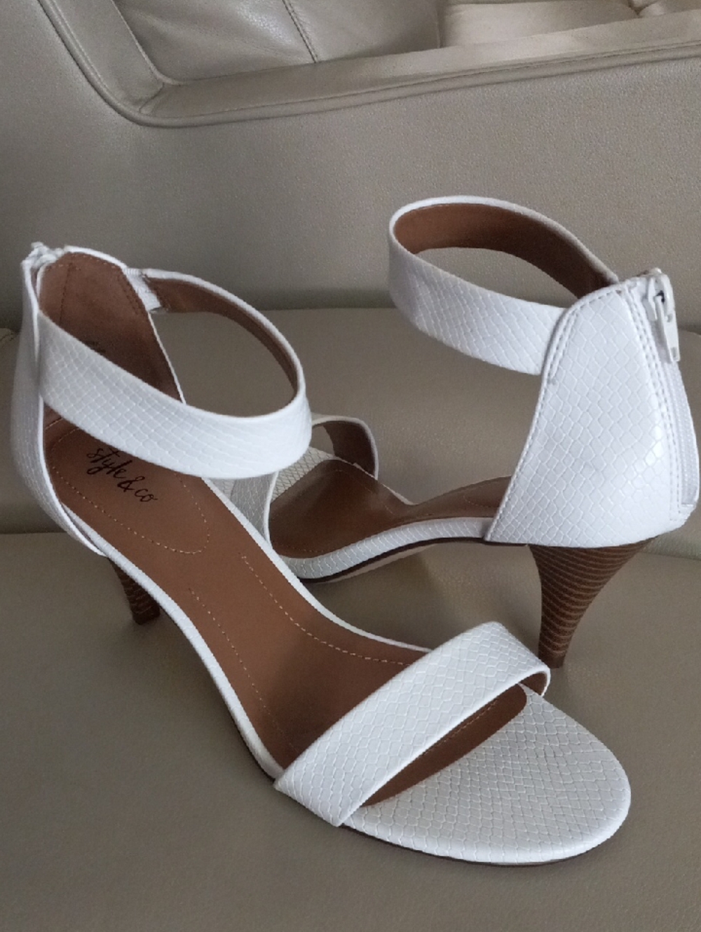 Style & Co. White Textured Open-Toe Ankle-Strap Heels